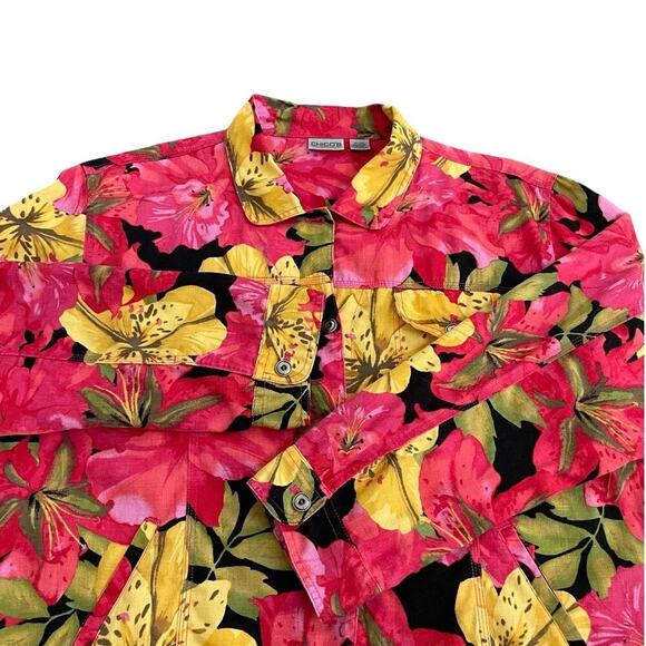 Chico’s Floral Print Jacket Button Front Linen Cotton Blend Pink Floral Sz 3 - Picture 3 of 9